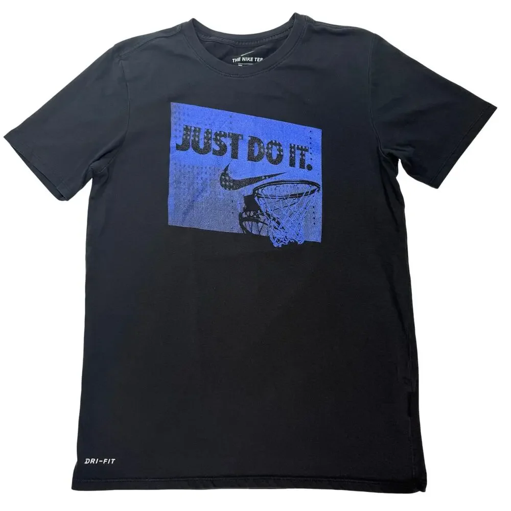 Nike Men’s Small Basketball T-Shirt Black “Just Do It” Purple Basketball Hoop